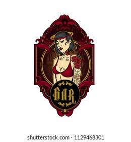 Luxury bar logo with tattooed  angel girl