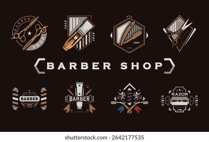 Luxury barber shop logo pack showcasing elegant scissors, razors, and clippers with a stylish design. Best suited for upscale barbershops looking to build a strong visual identity