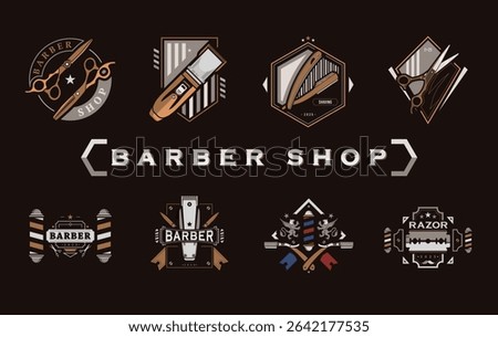 Luxury barber shop logo pack showcasing elegant scissors, razors, and clippers with a stylish design. Best suited for upscale barbershops looking to build a strong visual identity