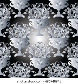 Luxury baroque damask black shiny floral vector seamless pattern background wallpaper illustration with 3d antique white surface flowers,leaves and ornaments  in ancient vase. Baroque flowers in vase