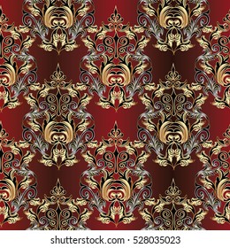 Luxury baroque damask floral seamless pattern background wallpaper with vintage antique medieval decorative  gold 3d flowers, leaves and pattern ornaments. Decor elements with shadows and highlights.