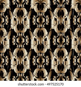 Luxury baroque damask floral vector seamless pattern background wallpaper illustration with 3d antique flowers,leaves and ornaments.Decor elements with shadows  and highlights.Endless texture