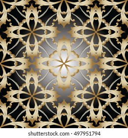 Luxury baroque damask floral vector seamless pattern background wallpaper illustration with 3d gold antique flowers,leaves and ornaments.Decor elements with shadows  and highlights.Endless texture