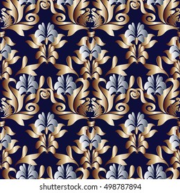 Luxury baroque damask floral vector seamless pattern background wallpaper illustration with 3d antique flowers,leaves and ornaments.Decor elements with shadow and highlights. Endless texture