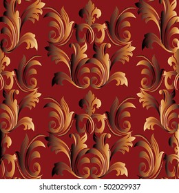 Luxury baroque damask red floral vector seamless pattern wallpaper illustration with vintage antique decorative 3d baroque flowers leaves frames and ornaments.