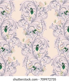Luxury Baroque ornament with roses flowers background Vector. Delicate Rich imperial intricate elements. Victorian Royal style patterns