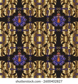 Luxury Baroque style seamless pattern with elegant ornamental design, gold and blue vintage flowers, leaves, traditional and royal motifs. Beautiful vector repeated gold ornaments on black background.