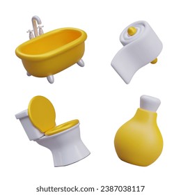 Luxury bath, soft toilet paper, toilet with gold seat, yellow bottle for liquid cosmetic product. 3D accessories for basic daily hygiene. Isolated vector on white background