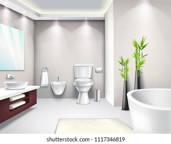 Luxury bathroom interior in modern design realistic composition for business magazine catalog website page vector illustration 