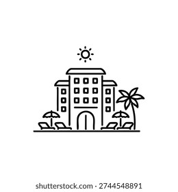 Luxury beach hotel line icon black and white vector resort building with palm tree sun and sunbeds for travel and vacation design