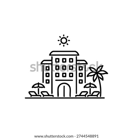Luxury beach hotel line icon black and white vector resort building with palm tree sun and sunbeds for travel and vacation design