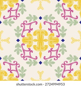 Diseño hermoso de lujo sin patrón de repetición. Colorido amarillo brillante rosa verde sobre fondo crema claro. Elegante diseño de azulejos mediterráneos, Fondo de pantalla, telón de fondo, envoltura de papel, vestido, camisa, alfombra