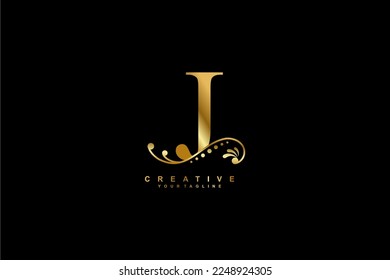 
luxury beautiful gold J logo design with flourish ornament and black background. monogram J. initial letter J. suitable for logos for business, company, product, housing, hotel etc