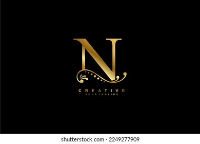 luxury beautiful gold N logo design with flourish ornament and black background. monogram N. initial letter N. suitable for logos for business, company, product, housing, hotel etc