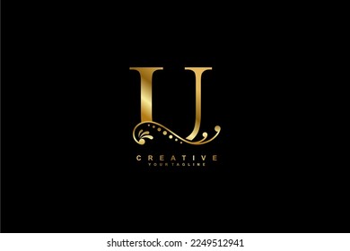 luxury beautiful gold U logo design with flourish ornament and black background. monogram U. initial letter U. suitable for logos for business, company, product, housing, hotel etc