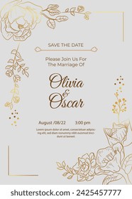 luxury beautiful weeding invitation card with gold flower design template