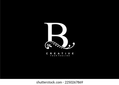 luxury beautiful white B logo design with flourish ornament and black background. monogram B. initial letter B. suitable for logos for business, company, product, housing, hotel etc