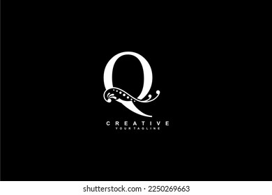 luxury beautiful white Q logo design with flourish ornament and black background. monogram Q. initial letter Q. suitable for logos for business, company, product, housing, hotel etc