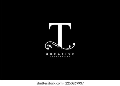 luxury beautiful white T logo design with flourish ornament and black background. monogram T. initial letter T. suitable for logos for business, company, product, housing, hotel etc