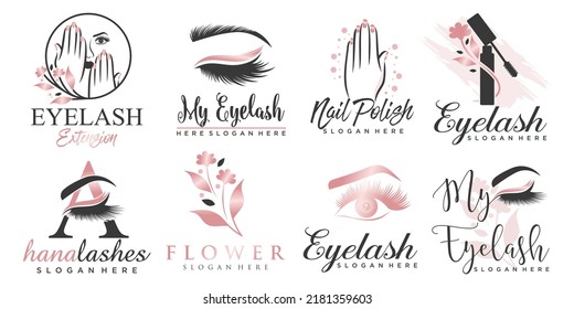 Luxury beauty eyelashes extension and nail icon set logo design