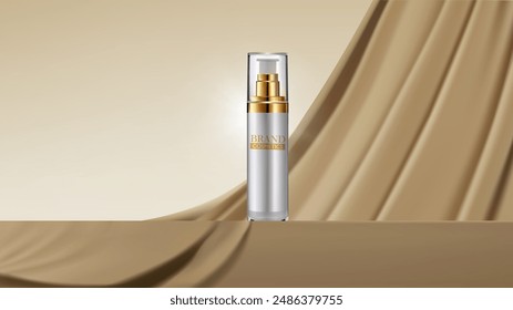 Producto de belleza de lujo en el escenario y fondo plegado de tela de seda beige . Moda mínima.Ilustración vectorial