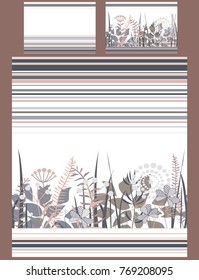 Luxury bedding set with doodle flowers and stripes, duvet and two pillows. Cute pastel brown and grey palette. Vector illustration