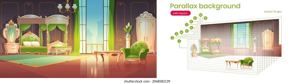 Luxury bedroom interior with furniture in baroque style. Vector parallax background for 2d animation with cartoon illustration of vintage room with canopy bed, mirror, chair and doors to balcony