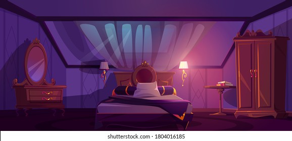 Luxury bedroom interior on attic at night. Vector cartoon mansard sleeping room with bed, window in roof, wardrobe, golden lamps and dressing table with mirror