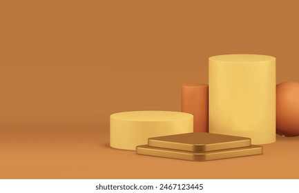 Luxury beige 3d podium pedestal with cylinder sphere wall background realistic vector illustration. Neutral showroom rhombus golden stage geometric space showcase interior for presentation show
