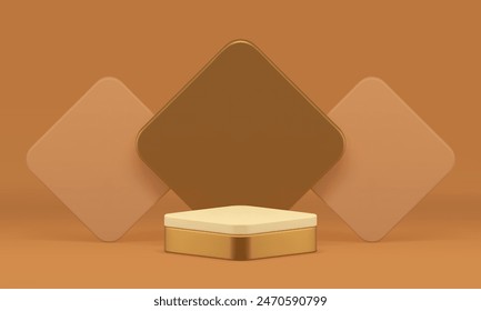 Luxury beige 3d podium pedestal mock up for cosmetic product show presentation realistic vector illustration. Premium rhombus display neutral commercial showcase with geometric wall background