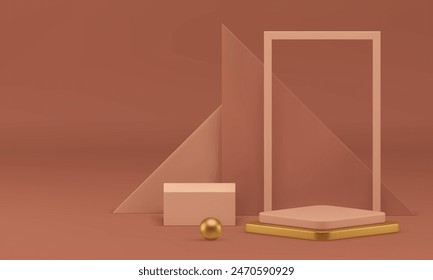 Luxus beige 3D Showroom golden Podium mit geometrischen Wandhintergrund realistische Vektorillustration. Neutraler eleganter Schaukasten-Rhombus-Sockel mit pastellfarbenem Dreieck aus rechteckigem Rahmenwürfel und Kugel