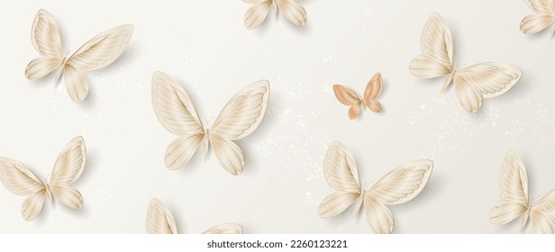 Luxury beige art background with butterflies hand drawn in gold art line style. Animalistic vector banner for decoration, wallpaper, print, textile, interior design.