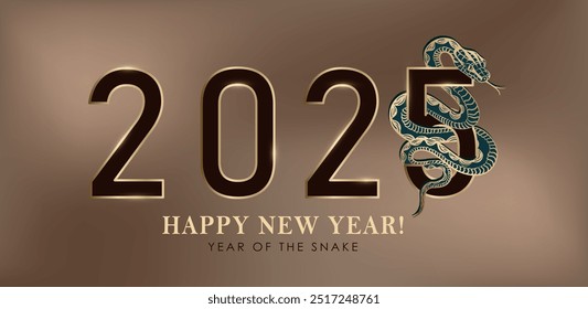 Banner bege de luxo comemorando o Ano 2025 da Serpente de Madeira no Zodíaco Chinês. O verde intricada tecelagem de cobras através de números brilhantes de 2025. Cartão comemorativo de Natal ou Ano Novo