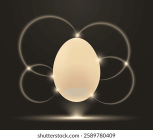 Luxury beige egg with soft abstract bright glowing rays on black background