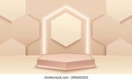 Podio Beige de lujo con fondo hexagonal y neón