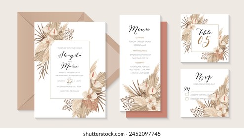 Luxury beige and terracotta boho wedding invitation set with pampas grass dried leaves, calla lily and orchid illustration	