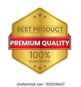 Luxury best product premium quality 100% guaranteed badge vector icon design illustrations with a golden color and shiny red ribbon and white background.