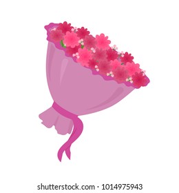 Luxury big bouquet with pink spring flowers vector illustration of blossoming plants in decorative wrapping with silk ribbon isolated on white background