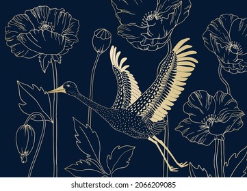 Luxury bird and flower pattern wallpaper. Print gold foil on a blue background. Seamless background with garden flowers peonies, bird and flowers. Vintage. Vector Illustration	