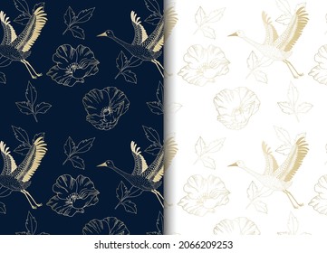 Luxury bird and flower pattern wallpaper. Print gold foil on a blue background. Seamless background with garden flowers peonies, bird and flowers. Vintage. Vector Illustration	