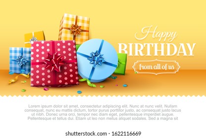 Luxury birthday banner with colorful gift boxes and confetti on orange background. Place for text.