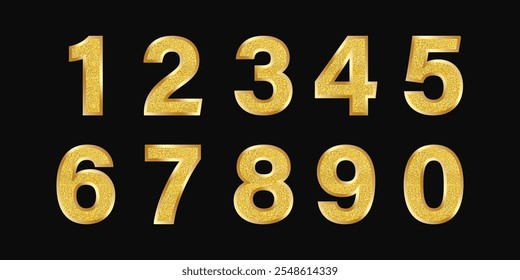 Goldene Zahlen zum Geburtstag einzeln auf schwarzem Hintergrund. Goldnummern für Jubiläumsfeiern. Mit metallischer alphabetischer Schrift. Perfekt für elegante Einladungen, Banner und Dekor