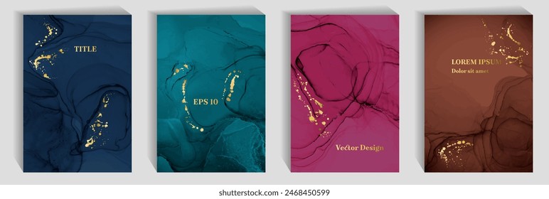 Luxury birthday greeting card patters vector collection. Fluid acrylic paint texture, golden spatter. Contemporary corporate business card backdrops, posters set. Holiday bright leaflets.