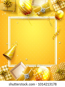 Luxury birthday template with orange confetti, birthday balloons and gift boxes