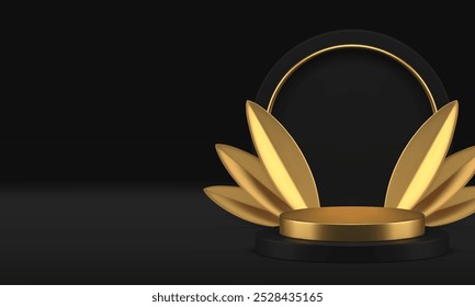 Luxury black 3d podium pedestal with golden leaves for product show realistic vector illustration. Premium fashion cylinder platform display round wall background showcase showroom mockup interior