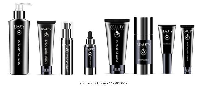 Luxury black 8 pcs. cosmetics bottle set: dispenser, dropper, cream tubes, deodorant. Vector cosmetic mockup package design. Sample label and logo included.