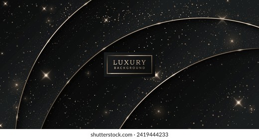 Luxury black abstract background with gold line elements, light rays, and bokeh effect decoration.