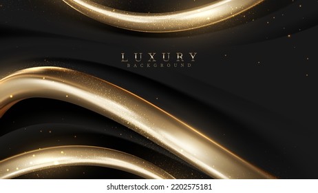 Luxury black abstract background with realistic 3d gold line decoration and sparkling light elements.