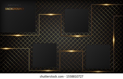 Luxury black abstract background with square overlap layers. Texture with golden stripe element and golden light effect. Vector illustration.