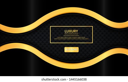 Luxury black abstract background. Textured with realistic golden line, geometric pattern and overlap layer. Modern background.